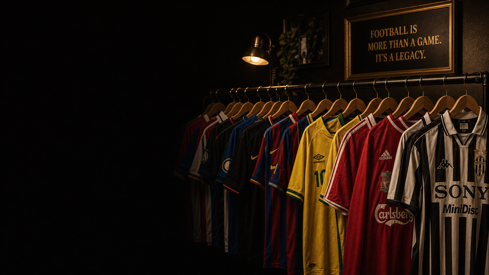Classic football shirts on a rail
